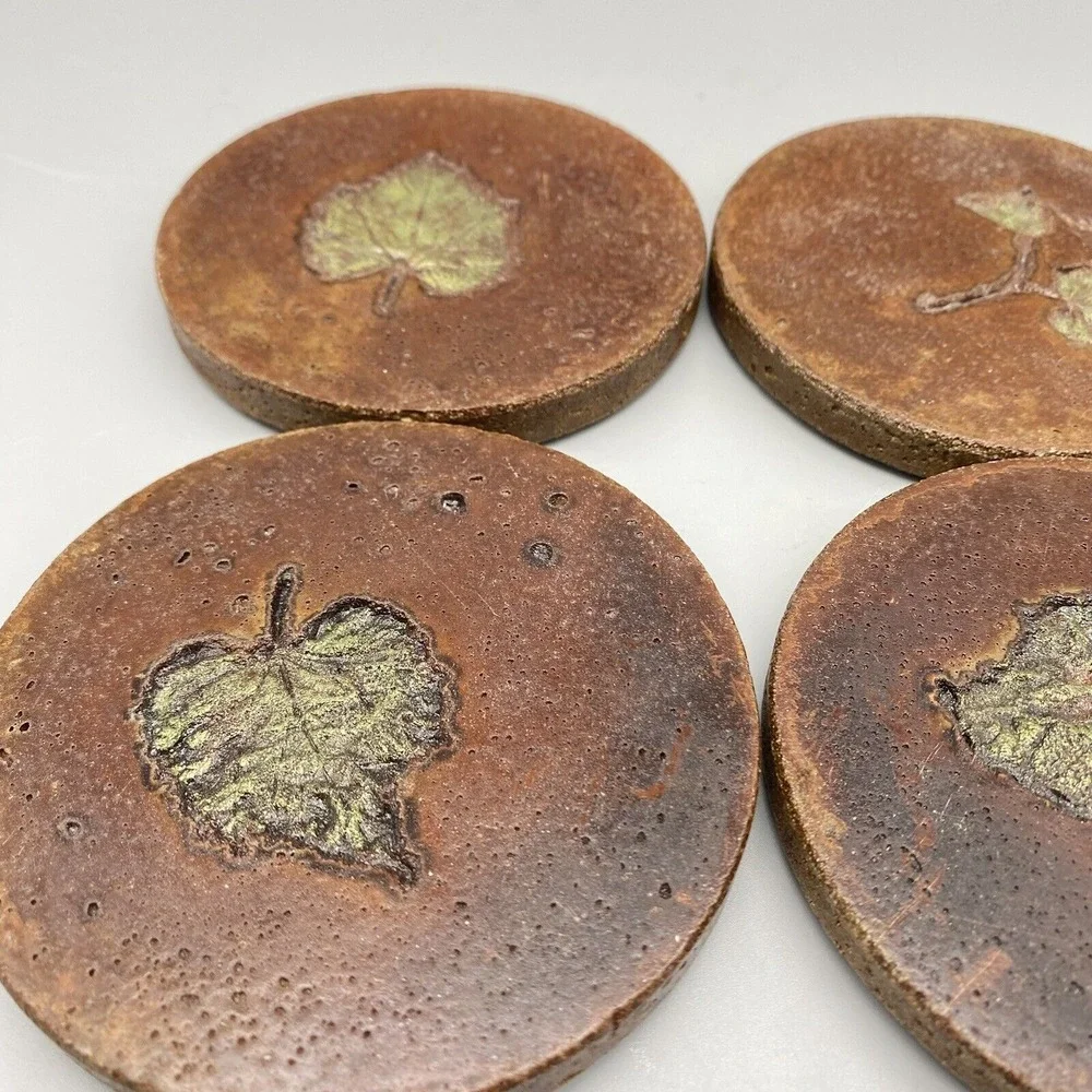 Set Of 4 Handmade‎ Clay Coasters  Pressed Leaves Neutral Tones